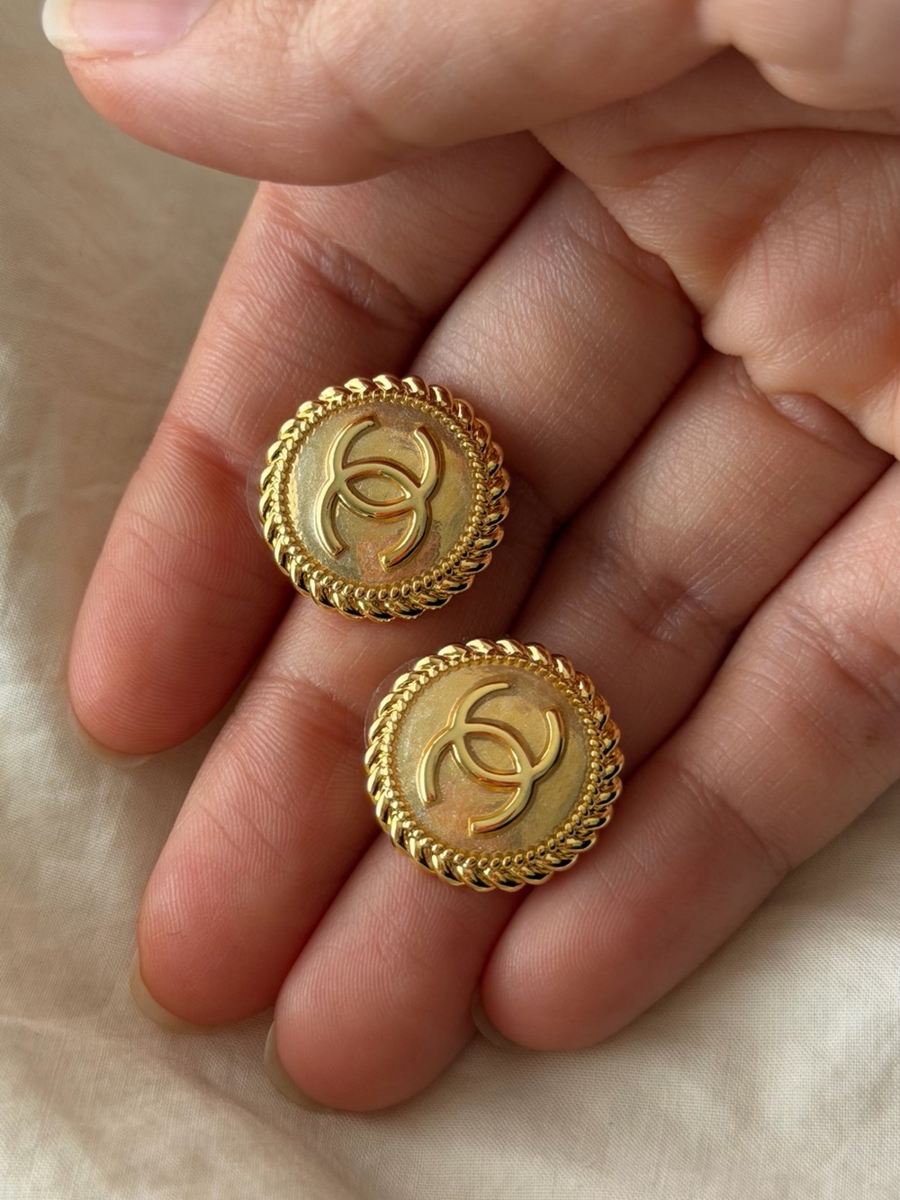 CHANEL Gold Interlocking CC Round Button Earrings - Picture 12 of 14